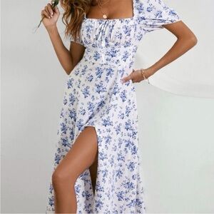 Boho Floral Blue and White Midi Dress